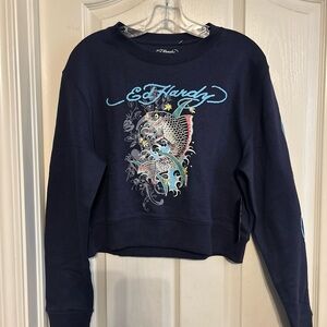 ED HARDY Koi Fish Cropped Pullover Sweater Fleece Navy Blue Women’s Sz Large NWT